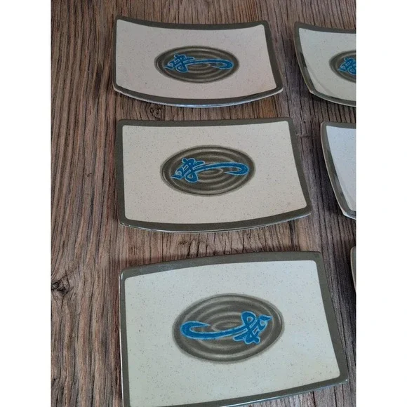 Vintage Style Sushi Plates Set of 6 Speckled Cream Blue Abstract Design - Picture 4 of 16